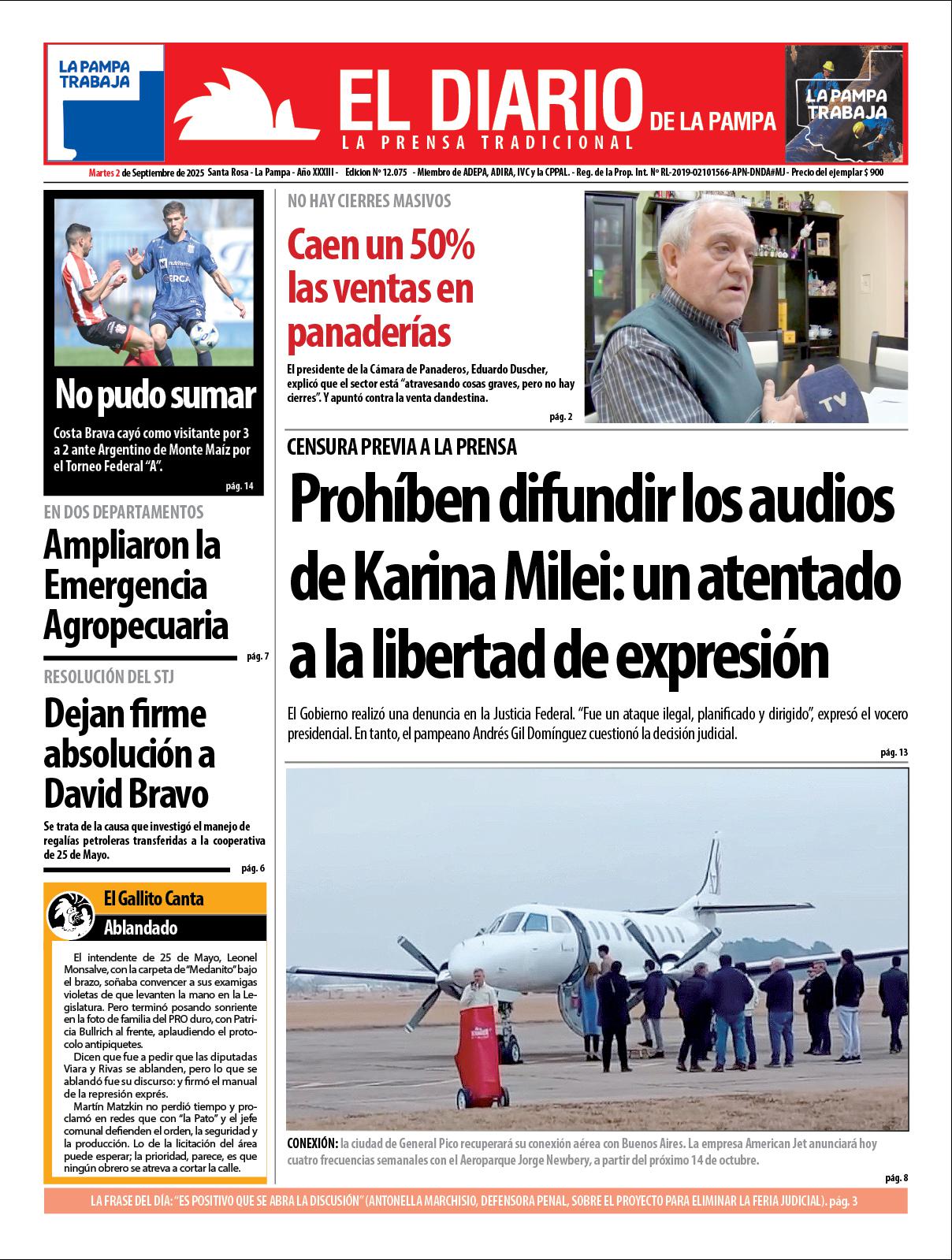 Tapa de El Diario en papel  martes 02 de septiembre de 2025